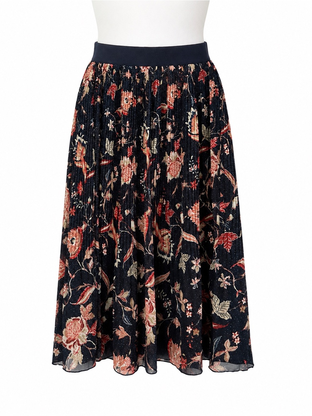Size XL/16 Olsen Women’s Pleated Floral Midi Skirt Navy Boho Lined